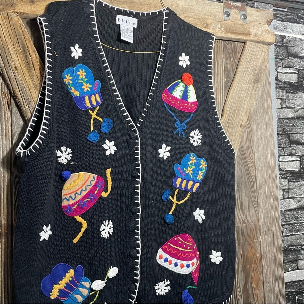 Vintage B.P. Designs Hats Mittens Snow Sweater Vest XL‎ Christmas Winter